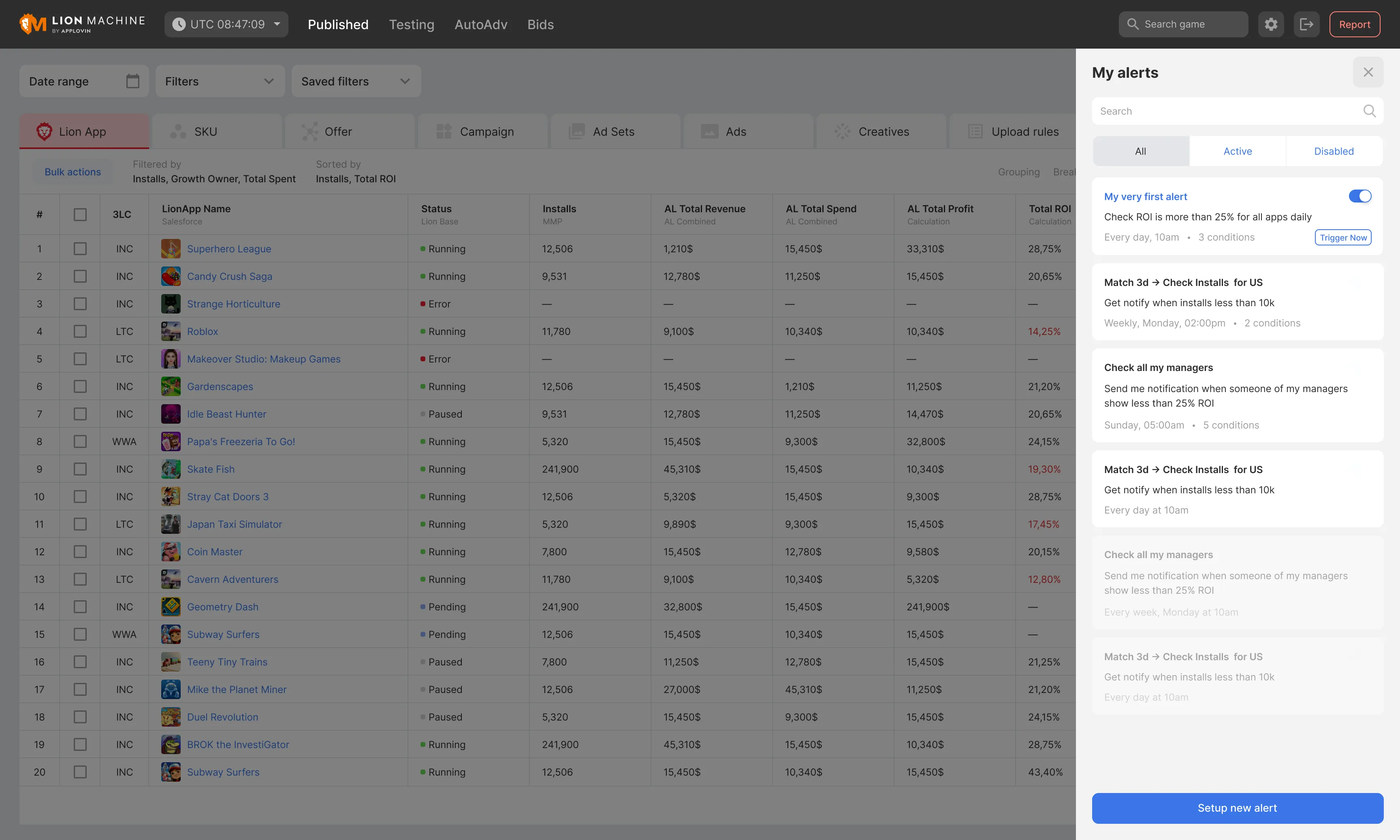 My alerts panel with the manager's rules and their schedules