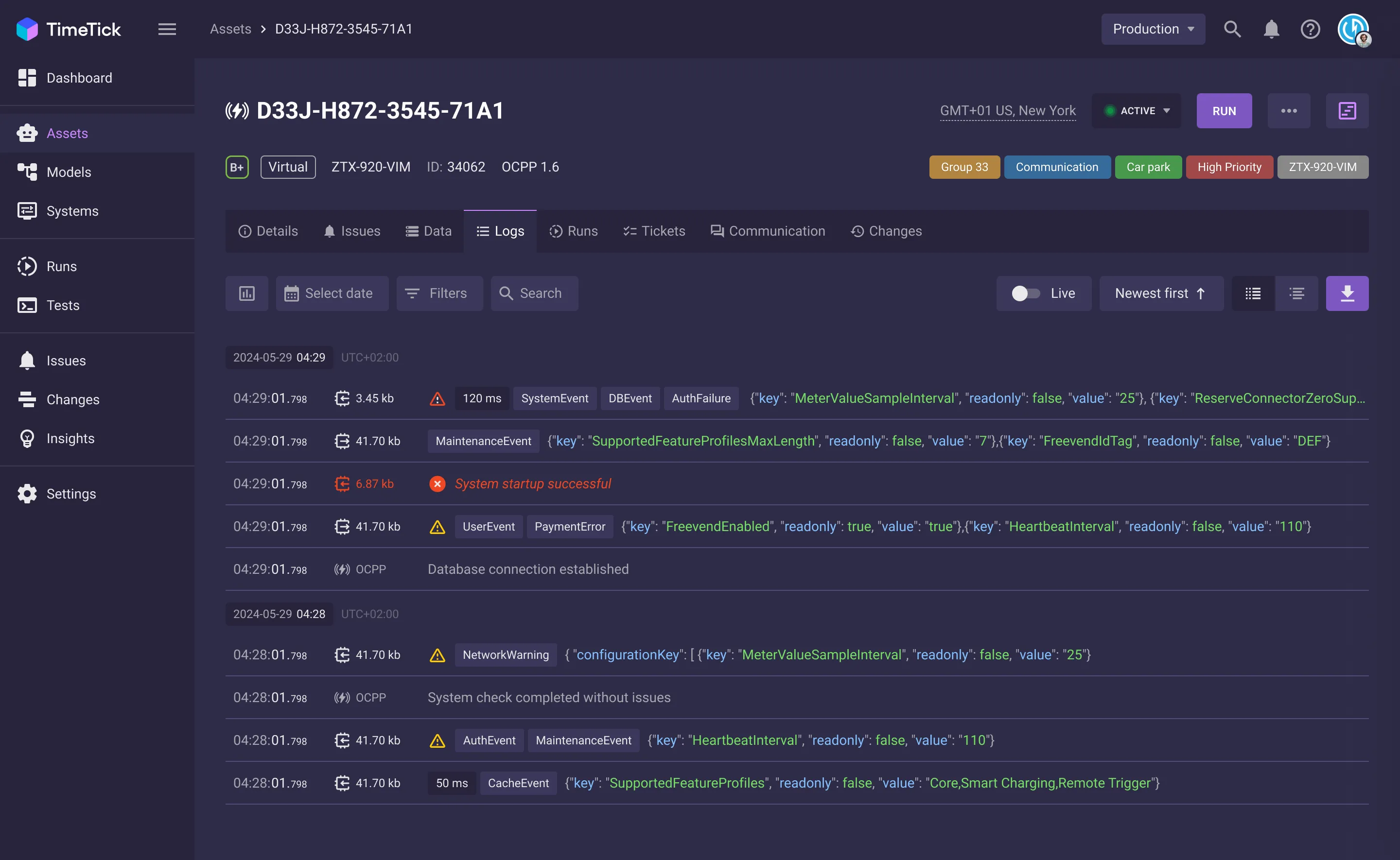 Device logs with timestamps, severity tags, and raw payloads