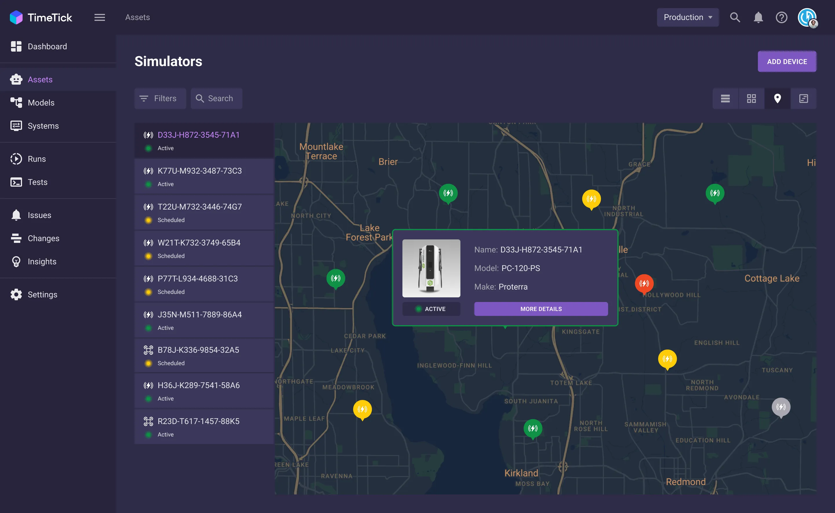 Devices on a map with a popup card for the selected charger