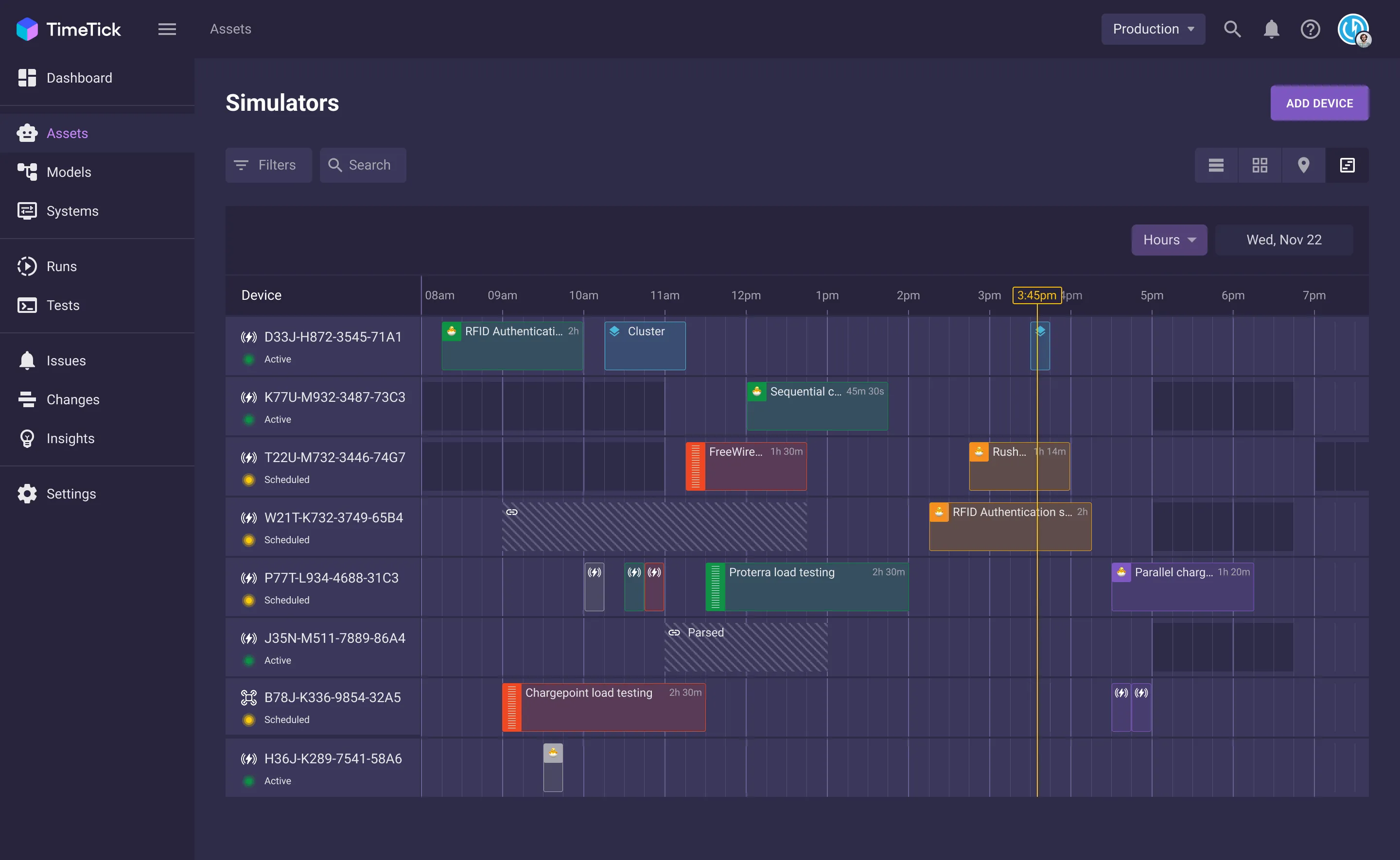Devices as an hourly timeline of scheduled and running scenarios