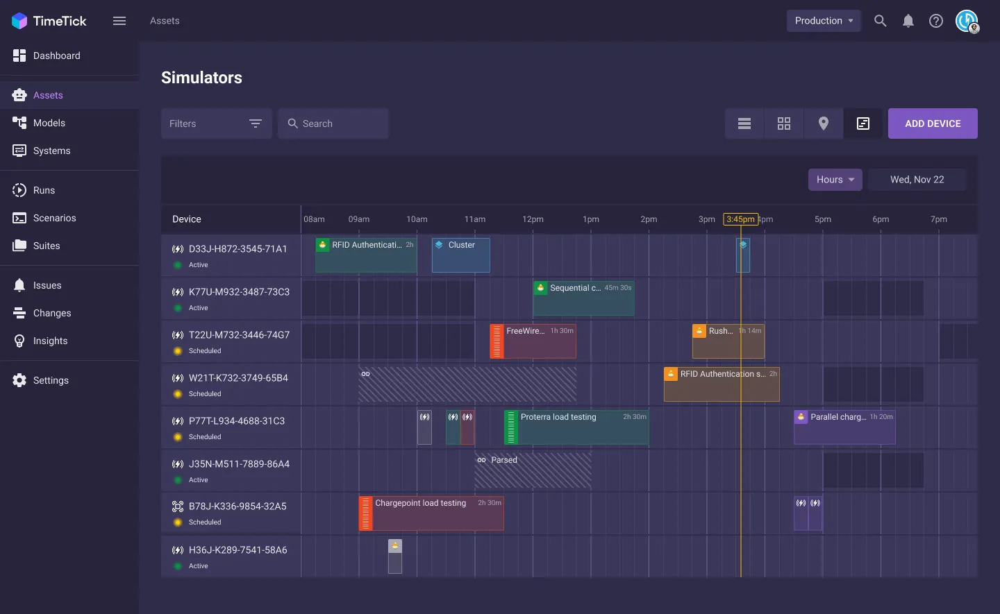 TimeTick simulators timeline with scheduled device runs